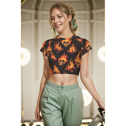 Flaming Skulls Women's Raglan Cropped T-shirt