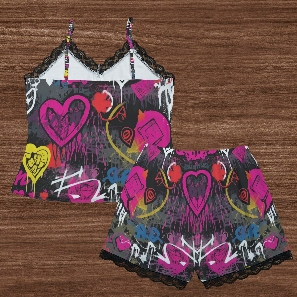 Punk Graffiti Cami Home Suit With Lace Edge