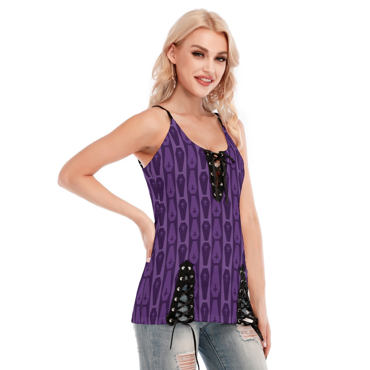 Purple Coffins V-neck Eyelet Lace-up Cami Top