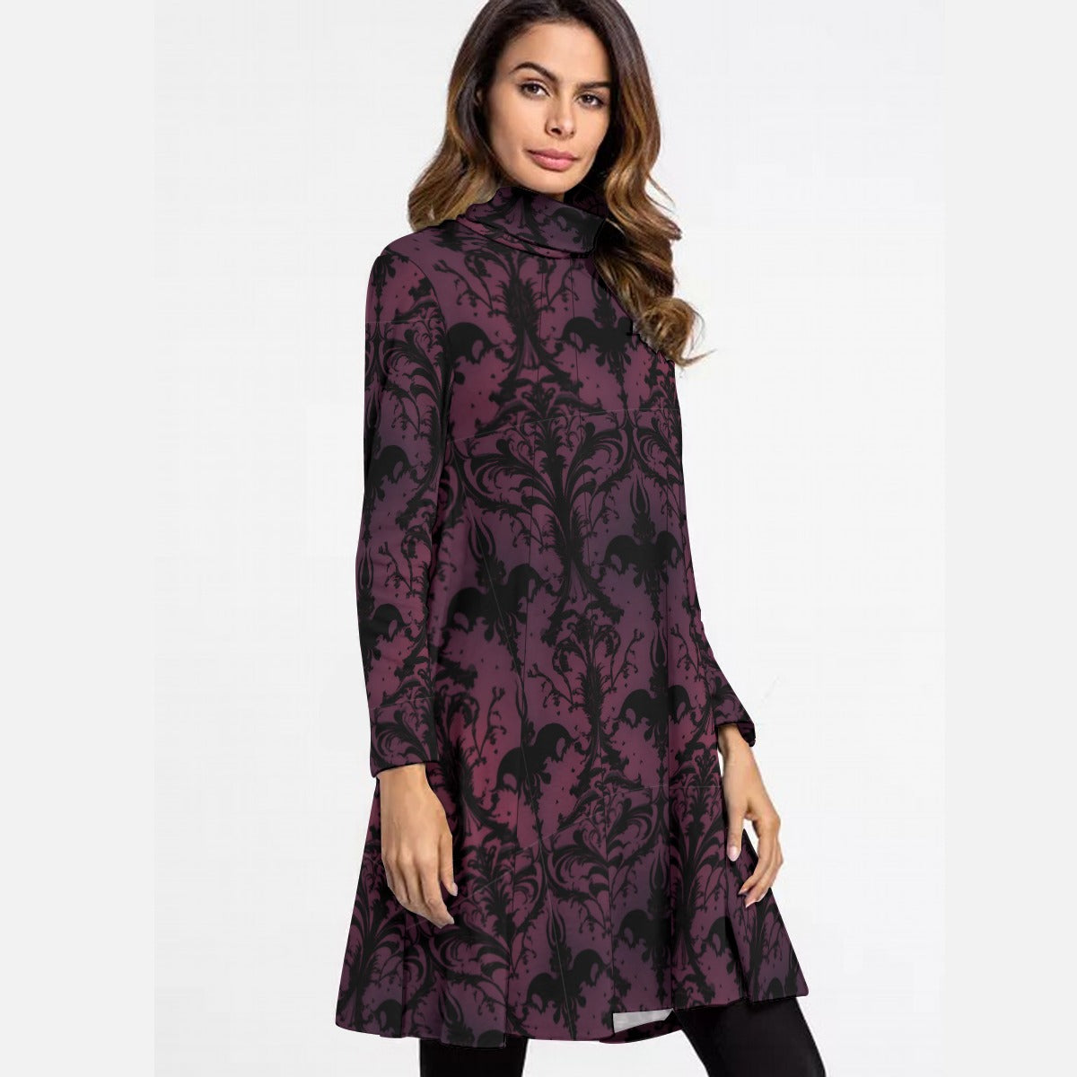 Gothic Purple And Black High Neck Dress With Long Sleeve