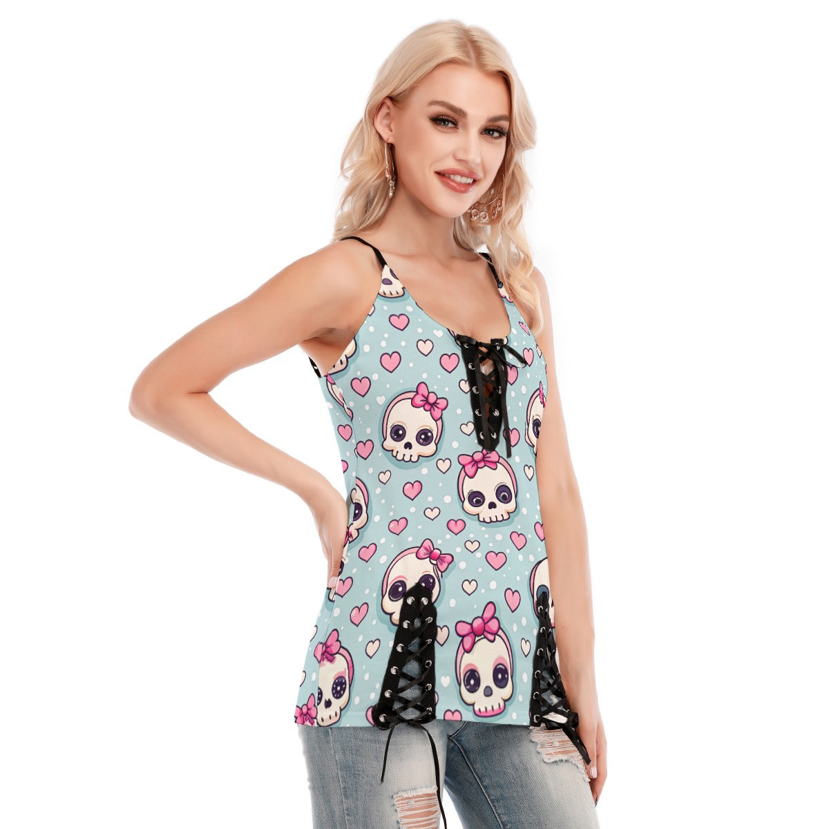 Skull With Bow Headband V-neck Eyelet Lace-up Cami Top