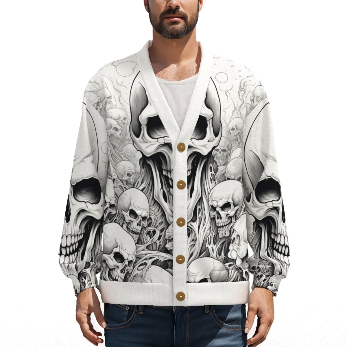 Skull Sketch V-neck Knitted Fleece Cardigan With Button Closure