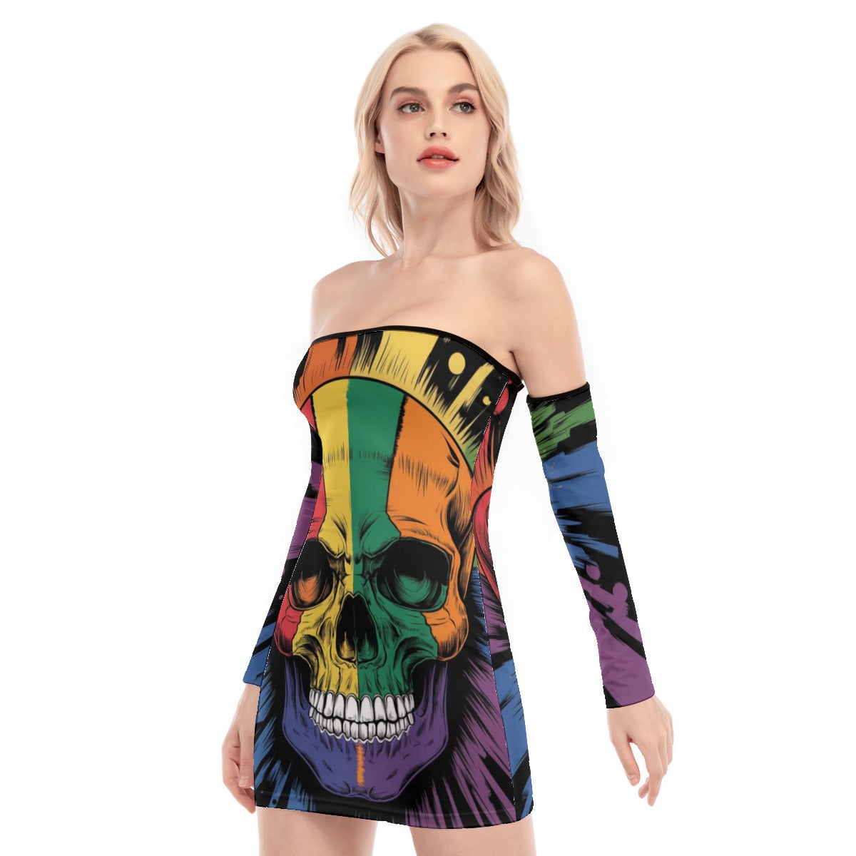 Rainbow Pride Skull Off-shoulder Back Lace-up Dress