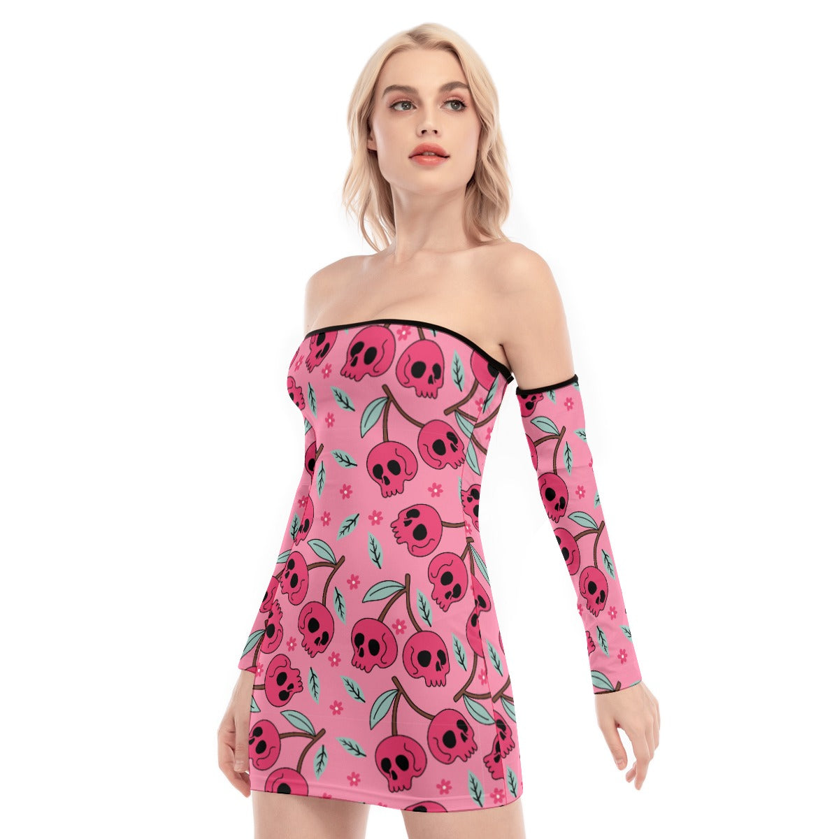 Pink Cherry Skulls Off-shoulder Back Lace-up Dress