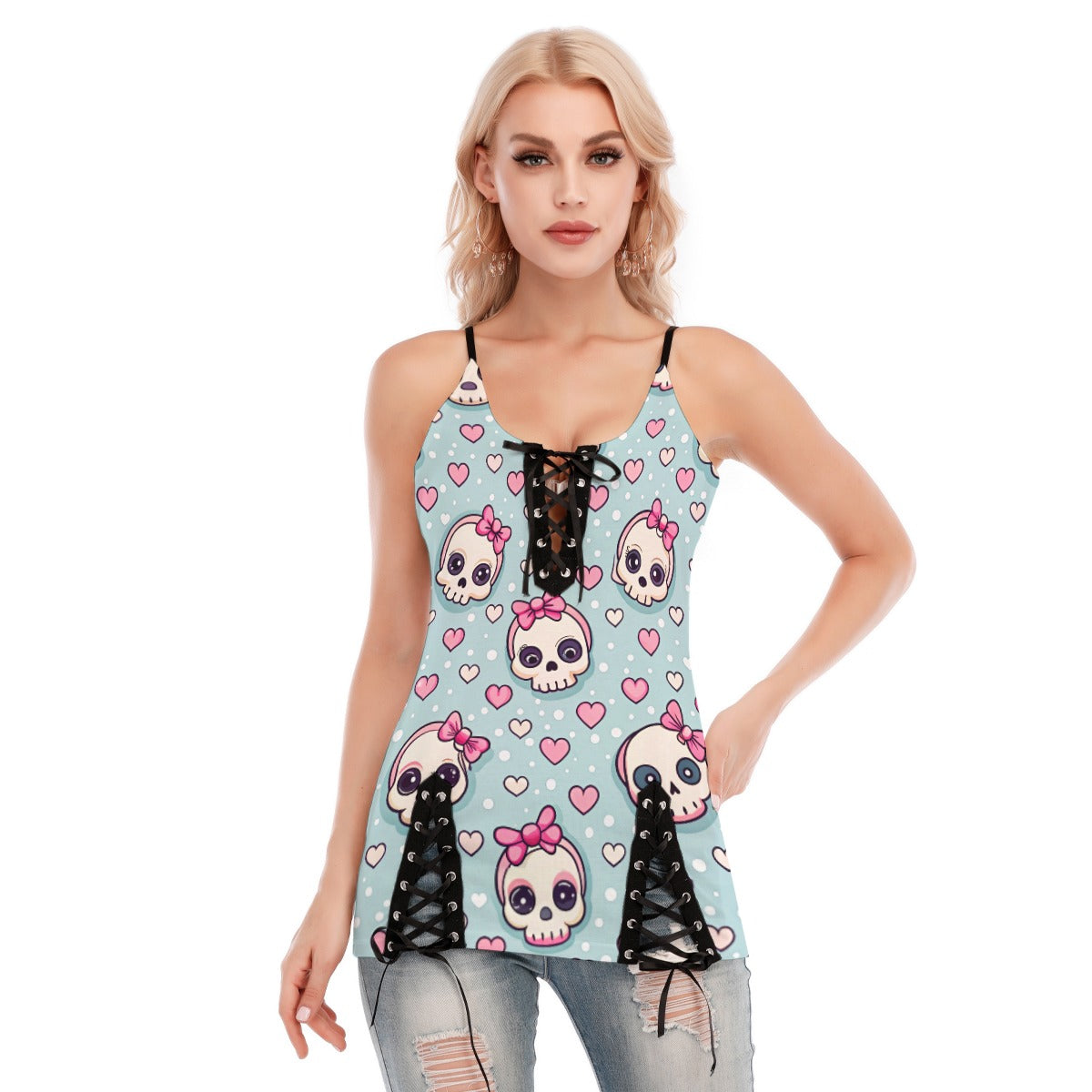 Skull With Bow Headband V-neck Eyelet Lace-up Cami Top