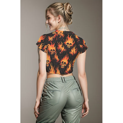 Flaming Skulls Women's Raglan Cropped T-shirt