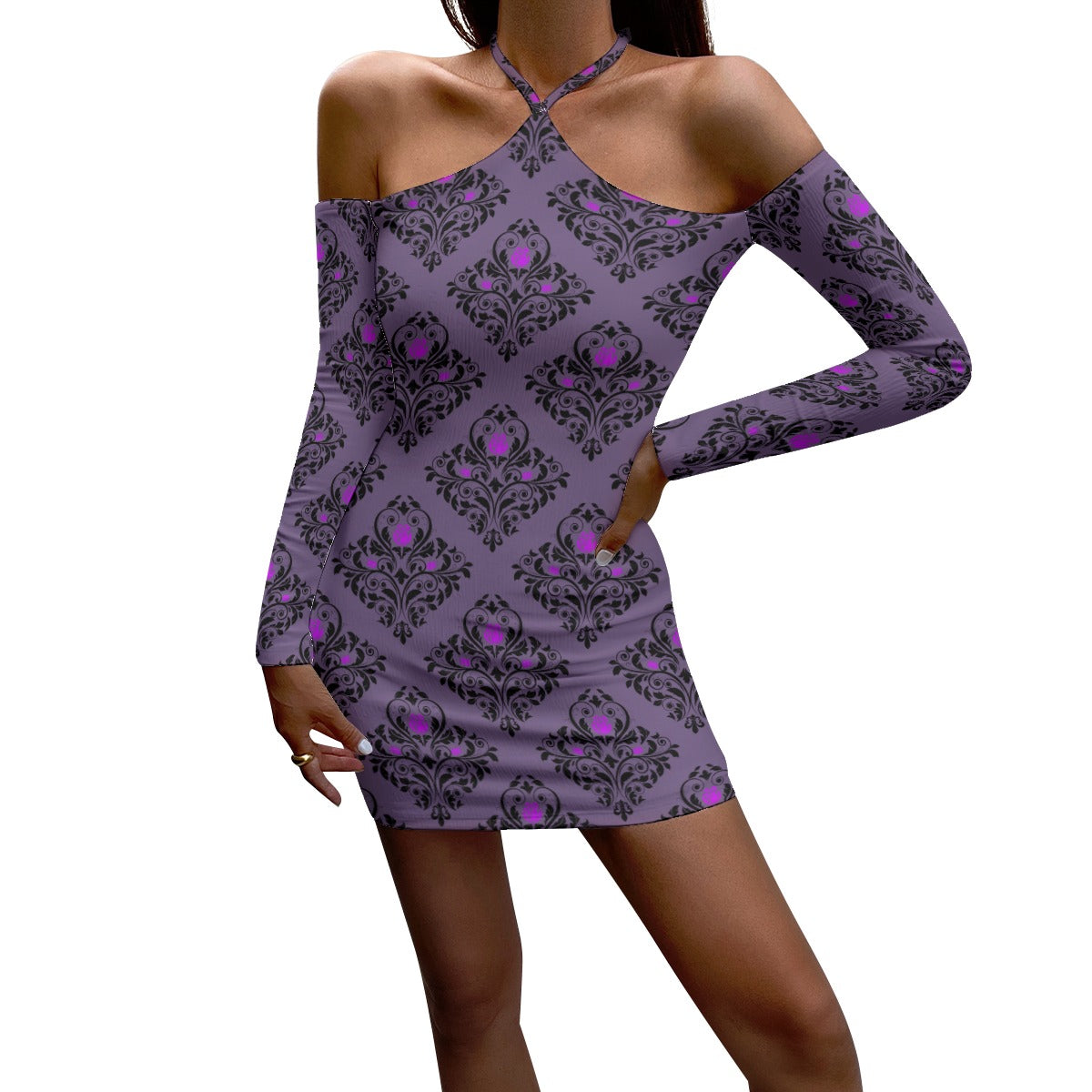 Gothic Purple Design Halter Lace-up Dress