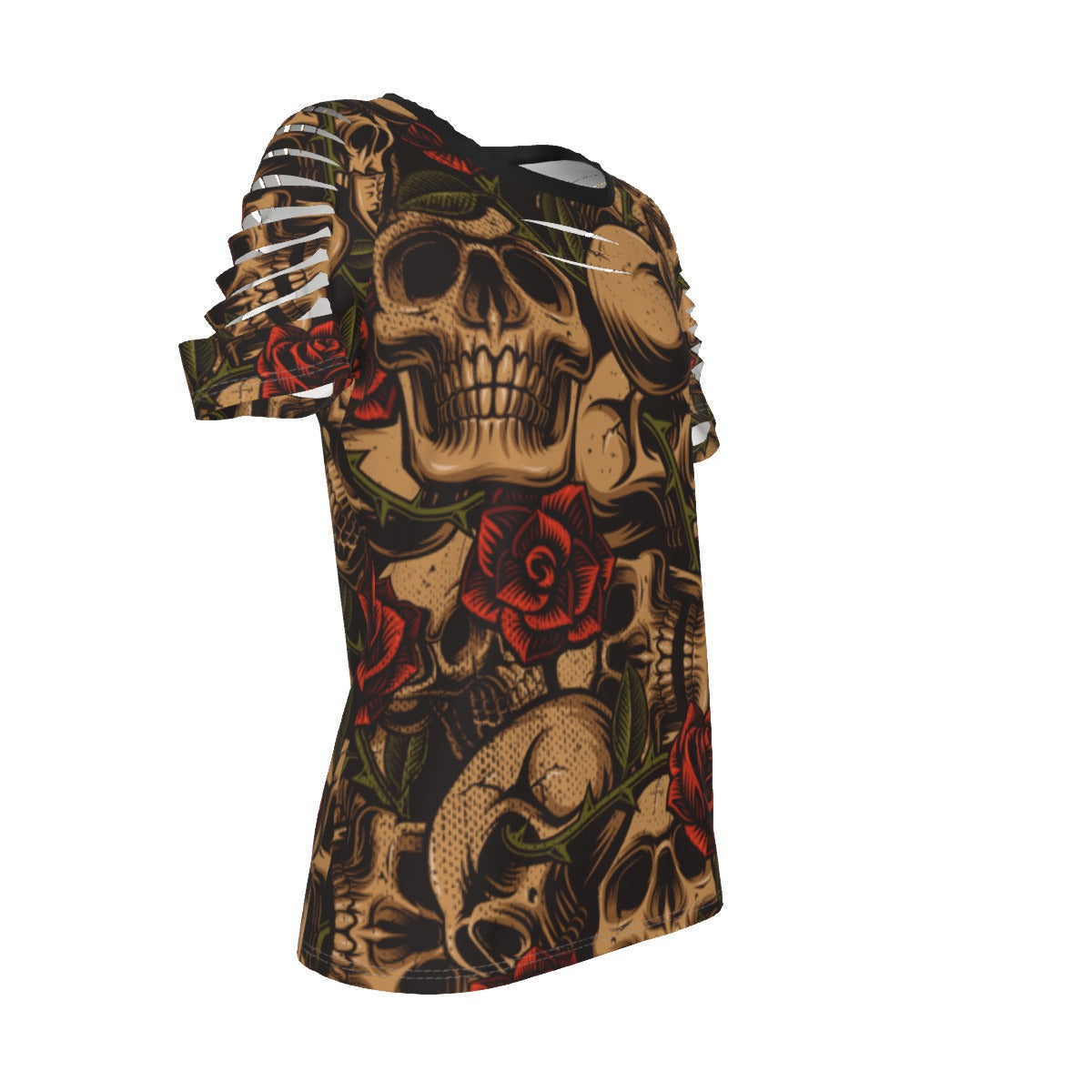 Bronze Skulls And Roses Ripped T-Shirt