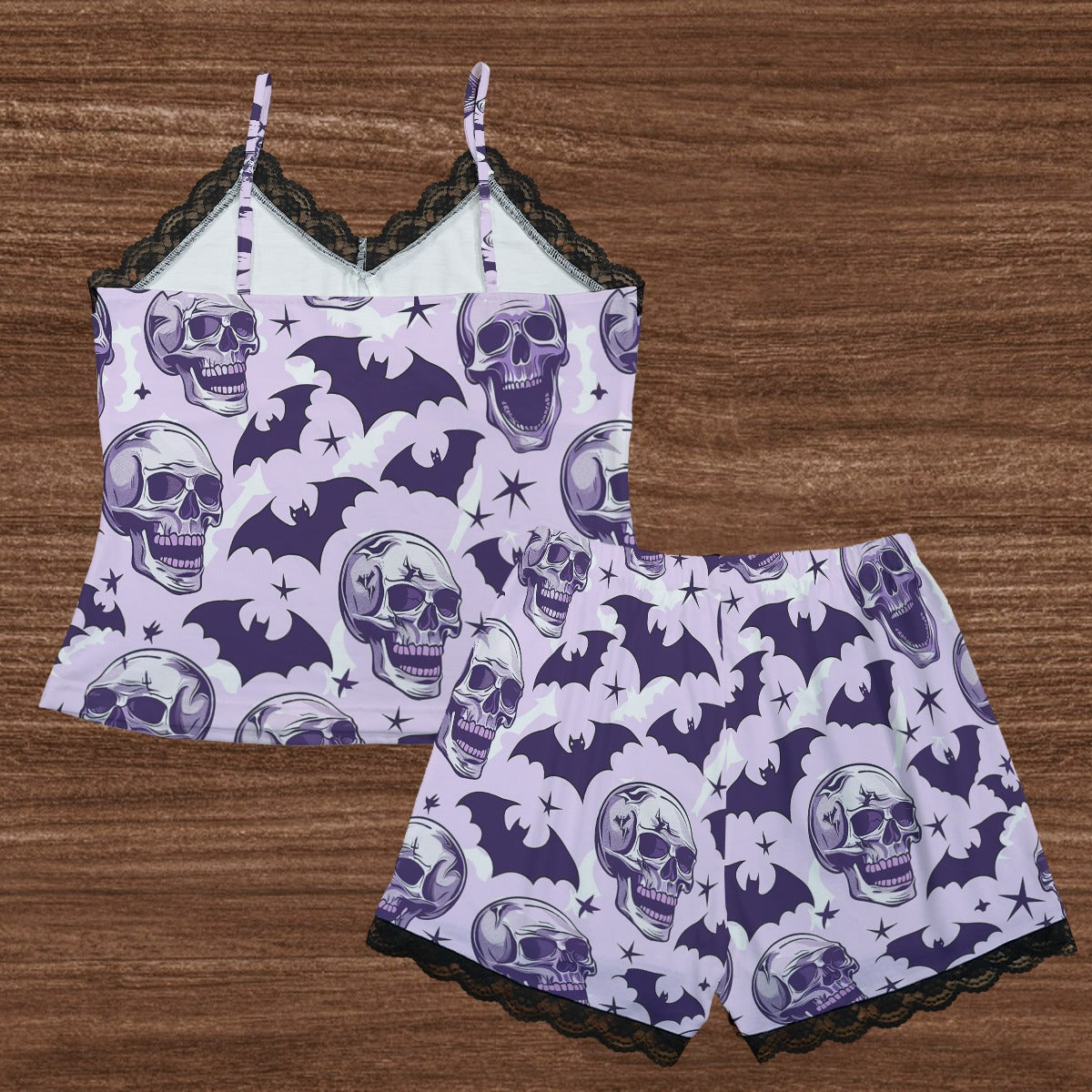 Laughing Skulls And Bats Cami Home Suit With Lace Edge