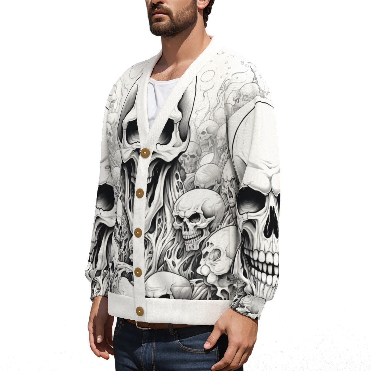 Skull Sketch V-neck Knitted Fleece Cardigan With Button Closure