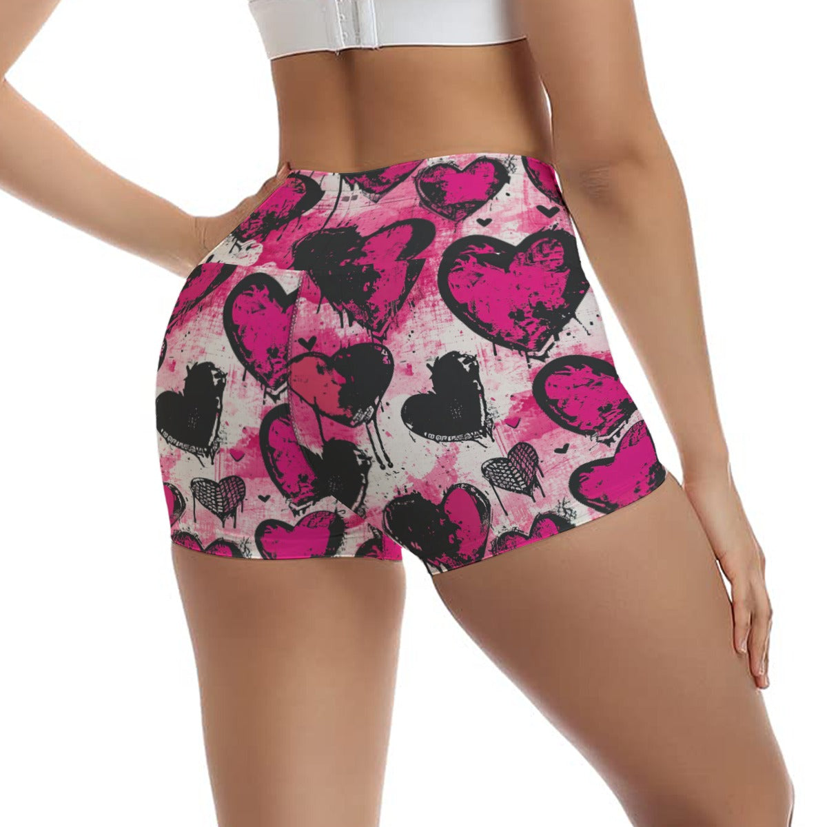 Pink And Black Hearts Ultra-Short Yoga Shorts