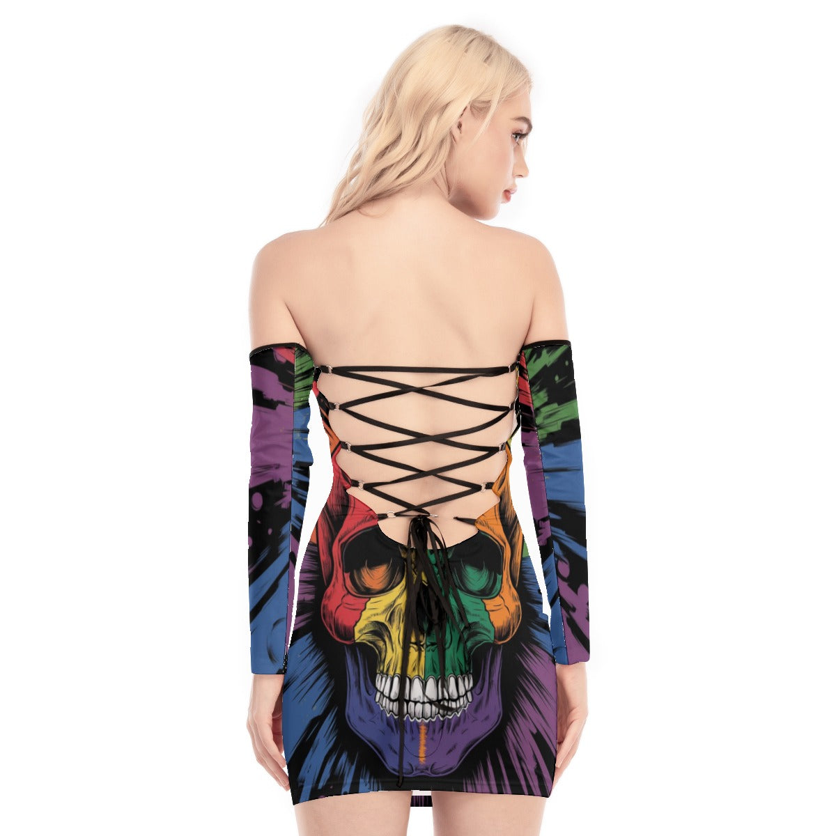 Rainbow Pride Skull Off-shoulder Back Lace-up Dress