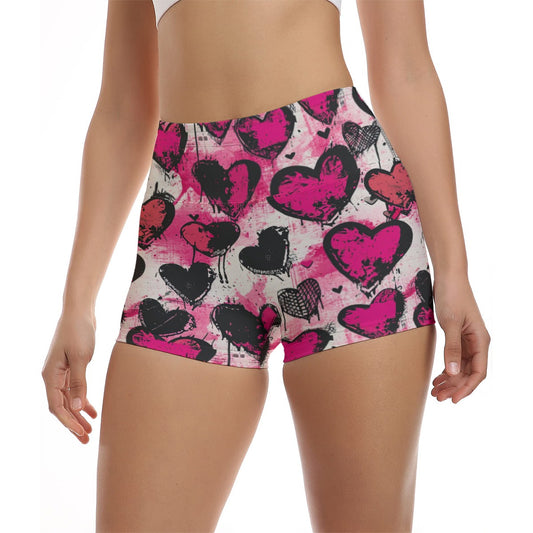 Pink And Black Hearts Ultra-Short Yoga Shorts