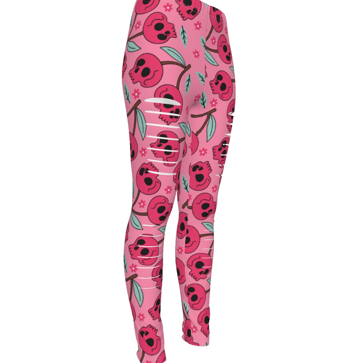 Pink Cherry Skulls Ripped Leggings