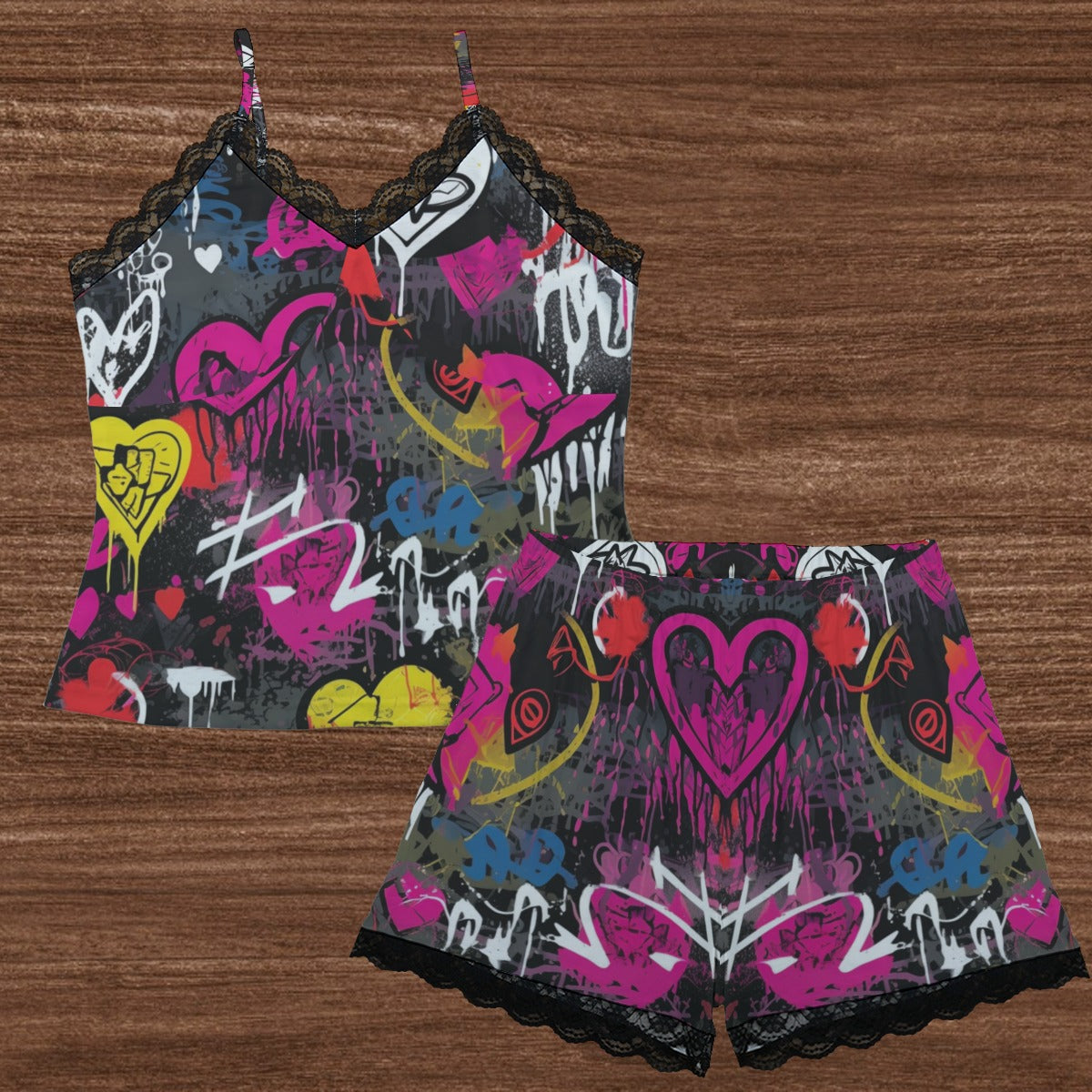 Punk Graffiti Cami Home Suit With Lace Edge