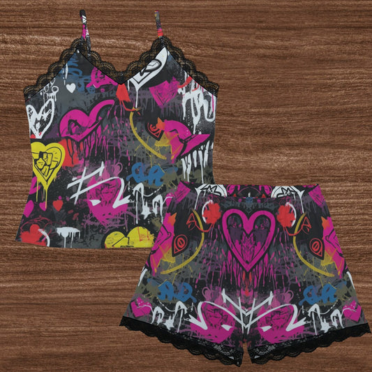 Punk Graffiti Cami Home Suit With Lace Edge