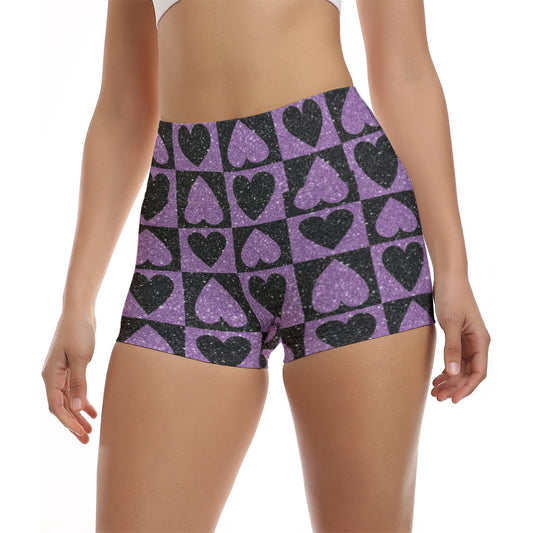 Sparkling Purple And Black Hearts Ultra-Short Yoga Shorts