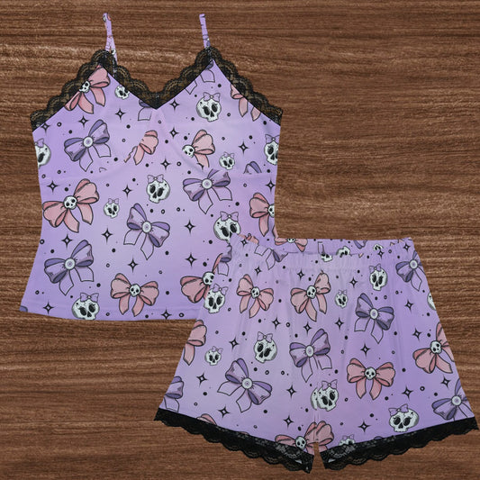 Skulls And Bows Cami Home Suit With Lace Edge