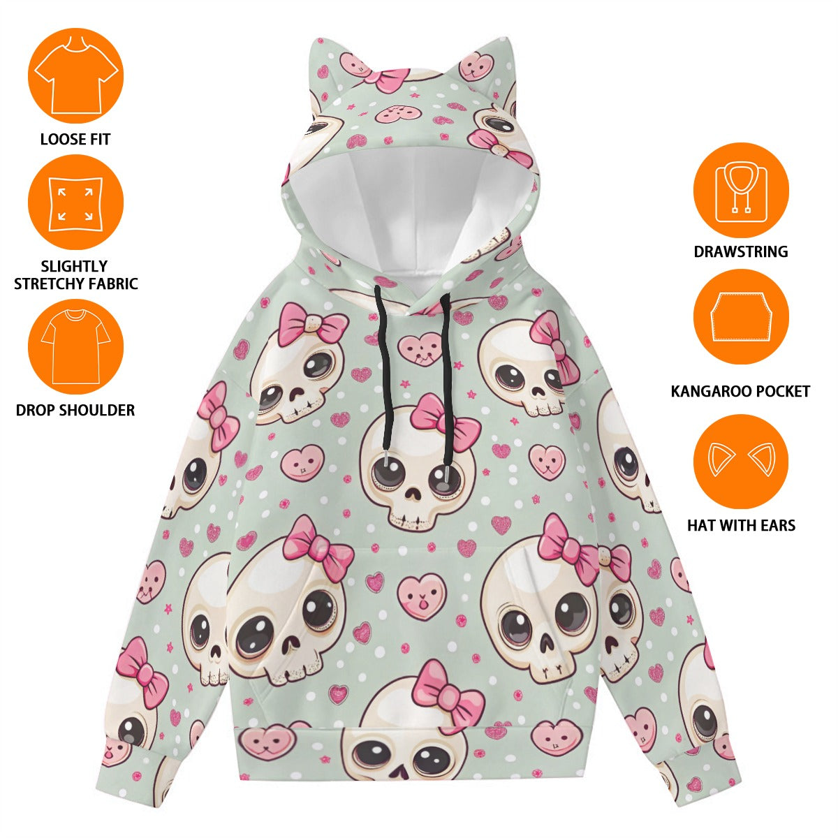 Cute Skulls With Bows Hoodie With Cat Ears