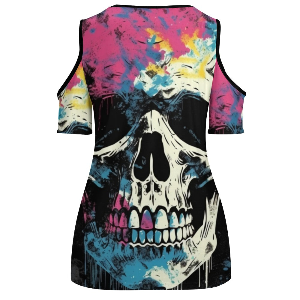 Skull Punk Off The Shoulder U-neck Short Sleeve Top