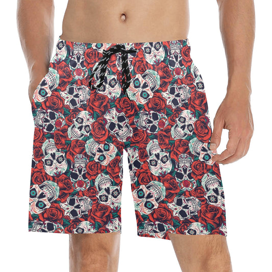 Crazy Skulls And Roses Beach Shorts