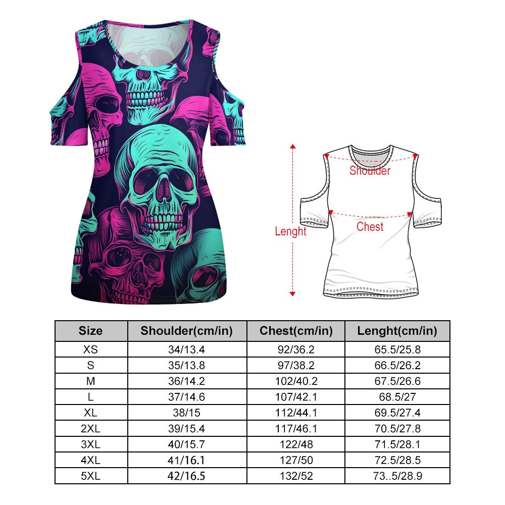 Neon Skulls Off The Shoulder U-neck Short Sleeve Top