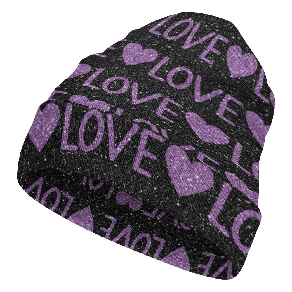 Sparkling Purple Love And Hearts Beanie