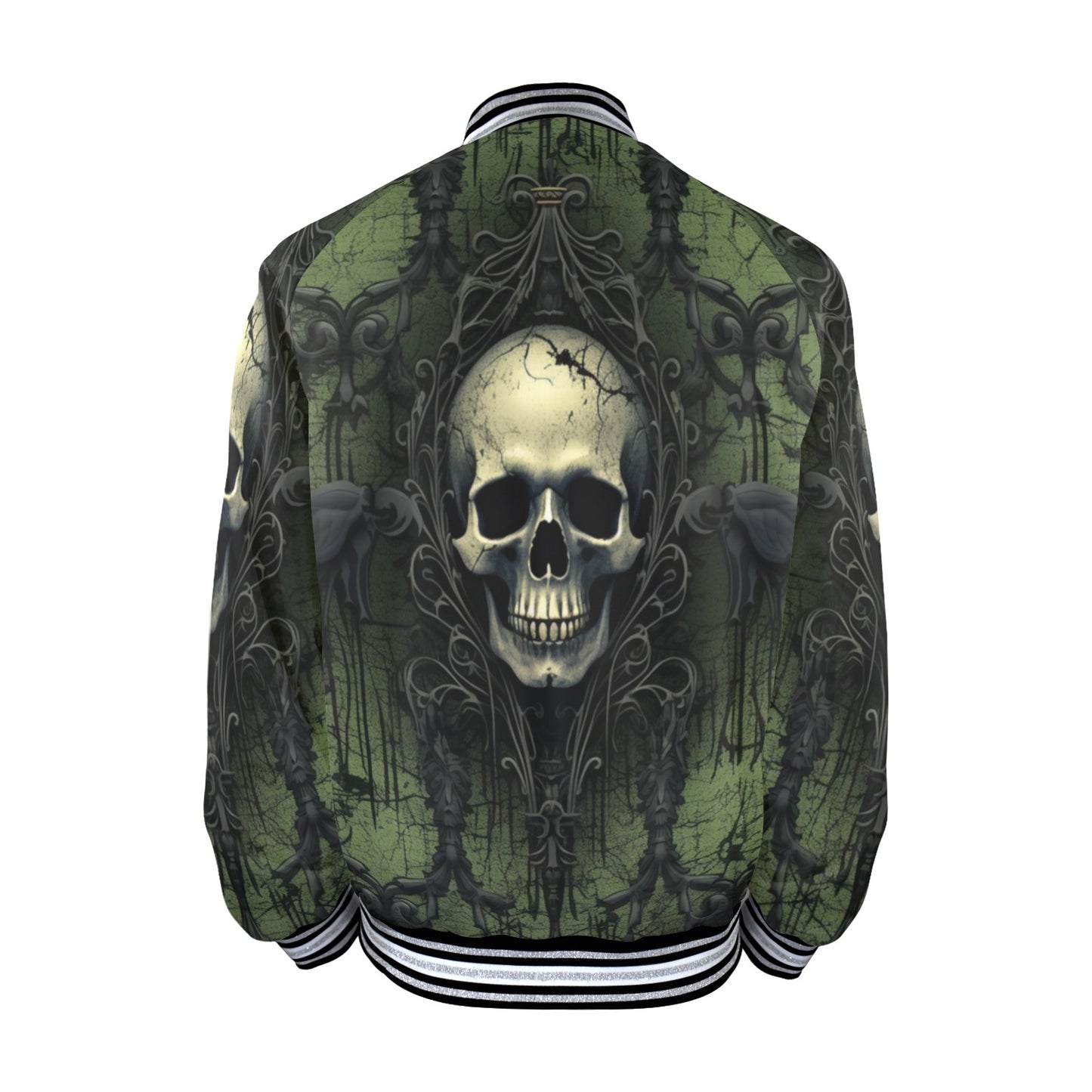 Gothic Green Skull Striped Trim Bomber Jacket