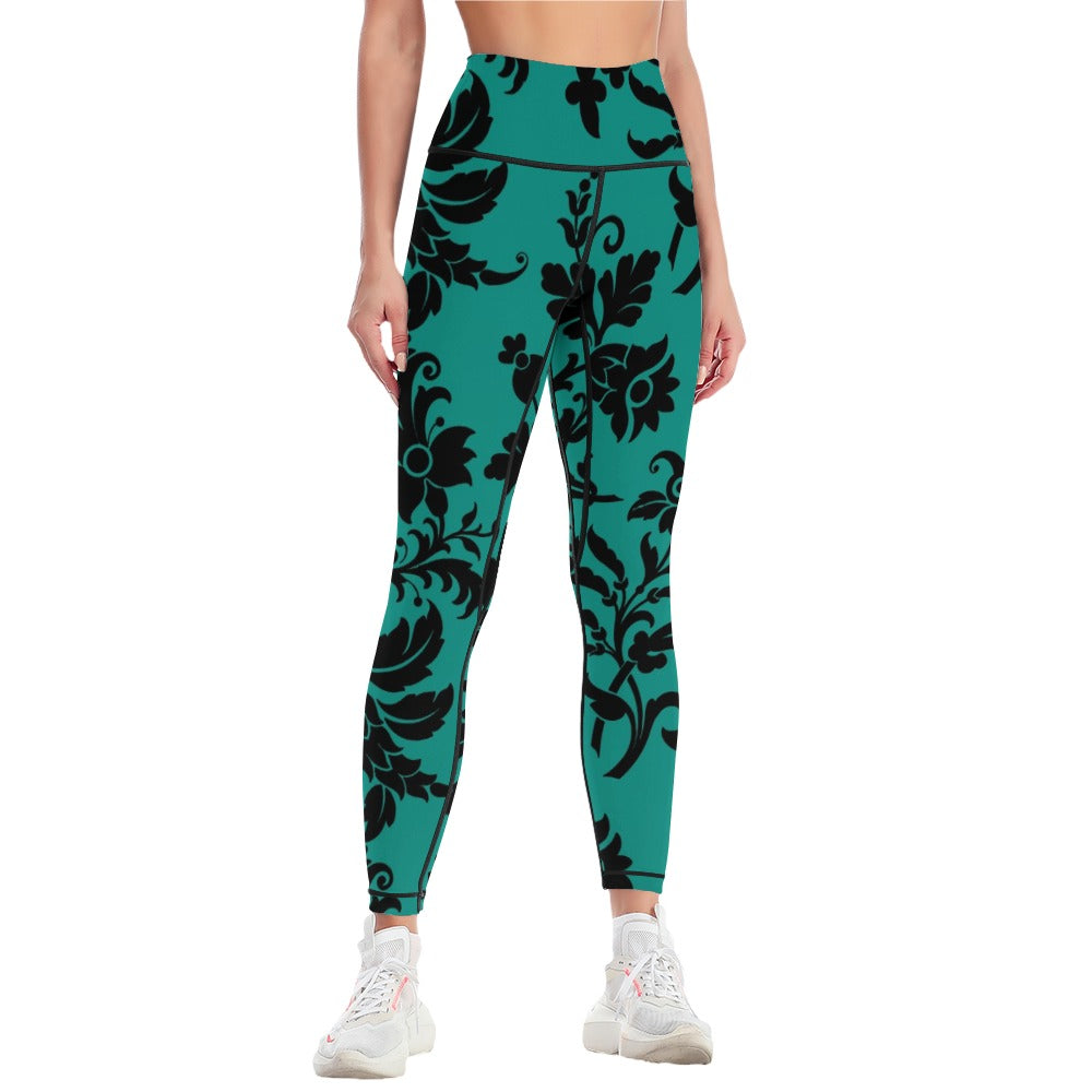 Black Flowers On Teal Yoga Pants