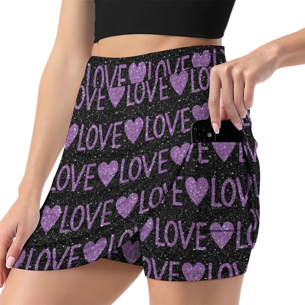 Sparkling Purple Hearts And Love Skirt Shorts With Pockets