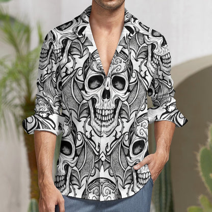Smiling Black and White Skulls Casual One Pocket Long Sleeve Shirt