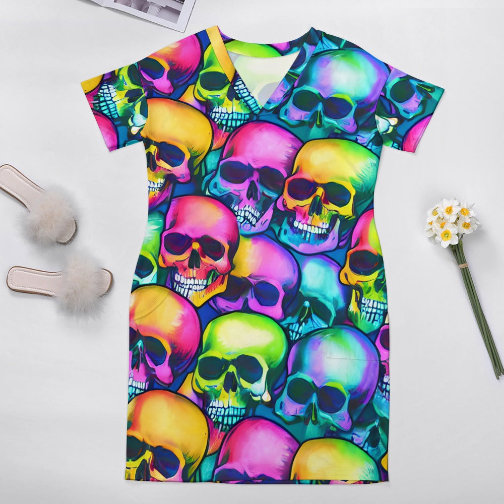 Multi-Colored Skull Heads Loose Pocket Dress