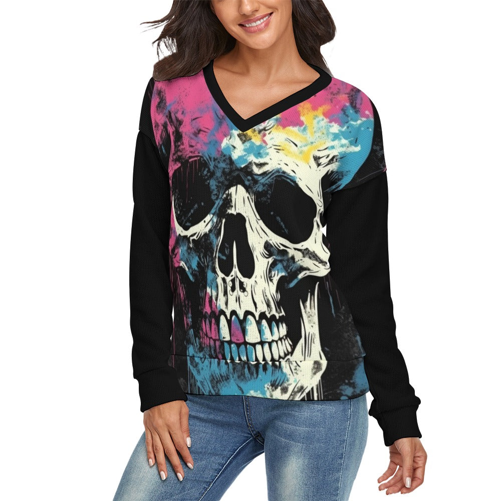 Multicolor Skulls V-Neck Long Sleeve Sweater