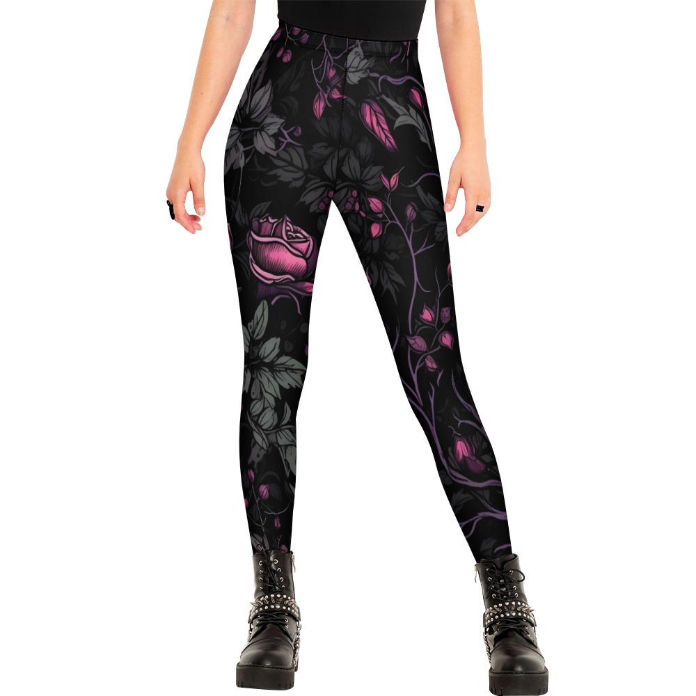 Gothic Pink Roses And Vines Leggings