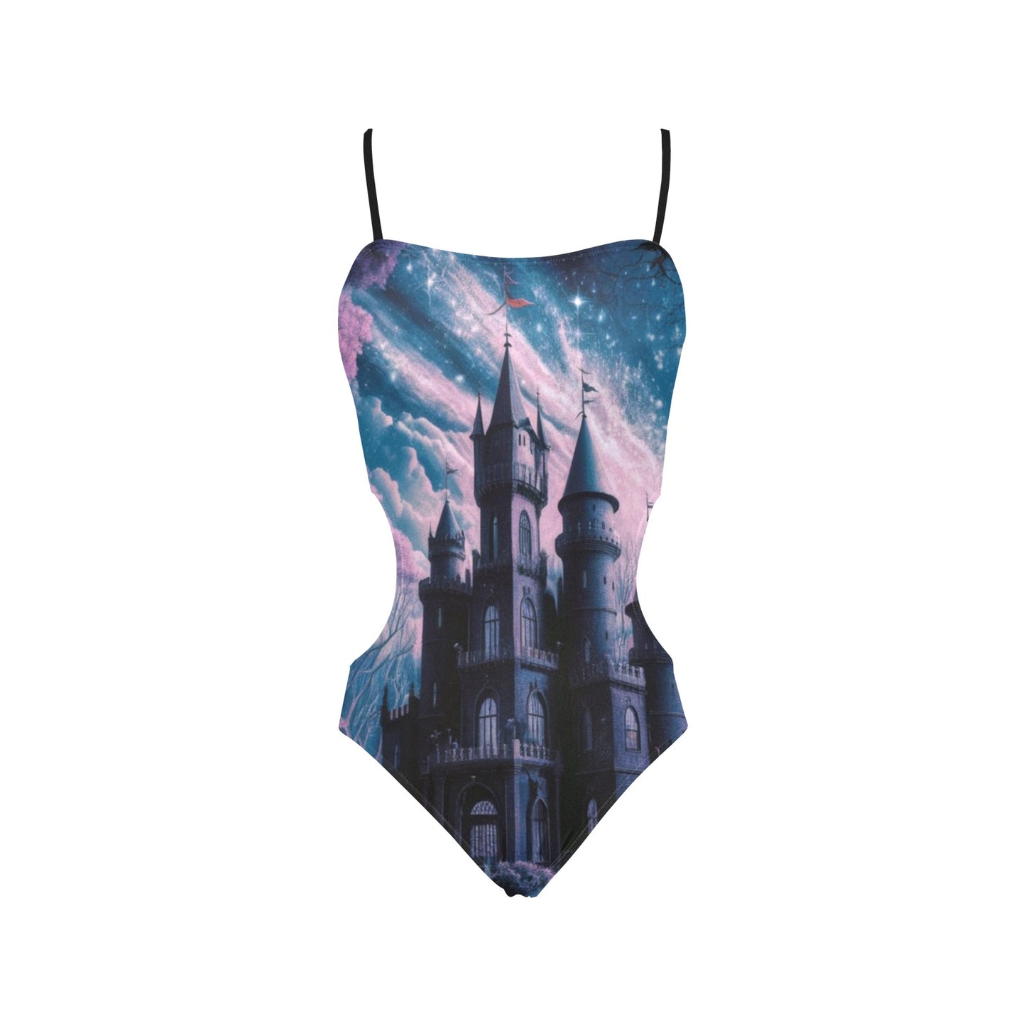 Gothic Purple Castle Spaghetti Strap Cut Out Sides Swimsuit