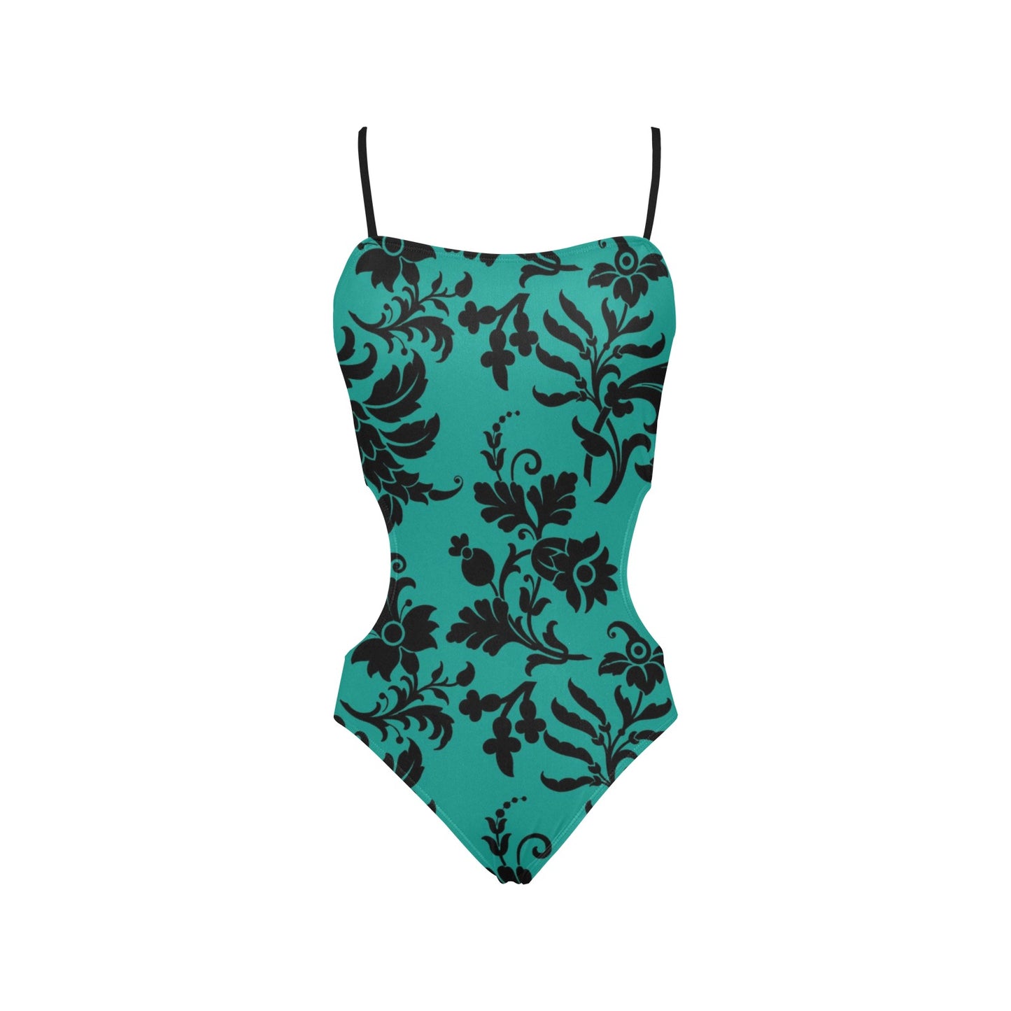 Gothic Flowers On Teal Spaghetti Strap Cut Out Sides Swimsuit