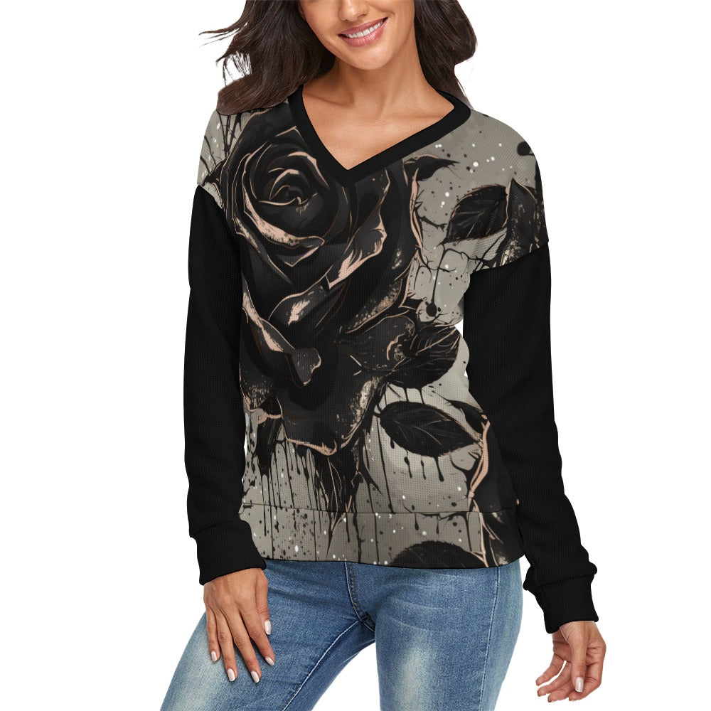 Gothic Stylized Black Rose V-Neck Long Sleeve Sweater