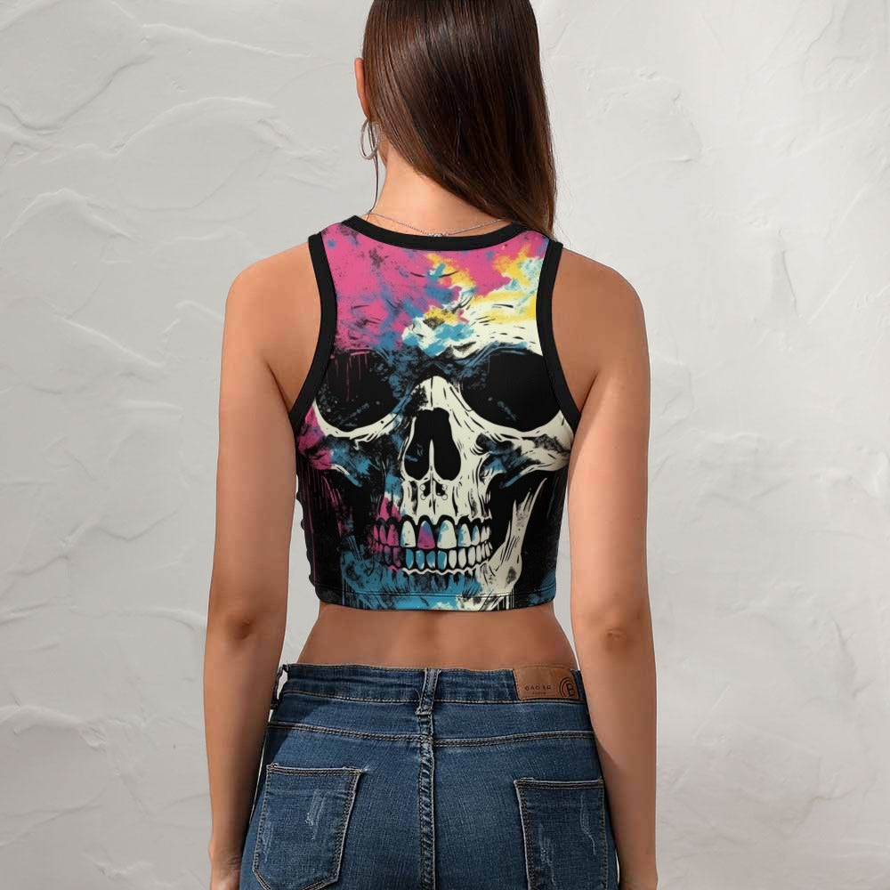 Pink And Blue Paint Skull Cropped Slim Racer Tank Top