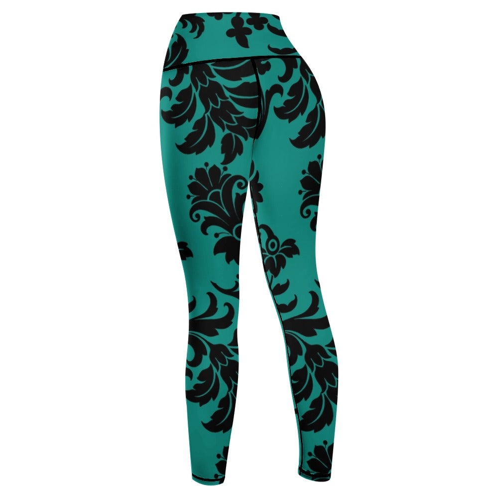 Black Flowers On Teal Yoga Pants