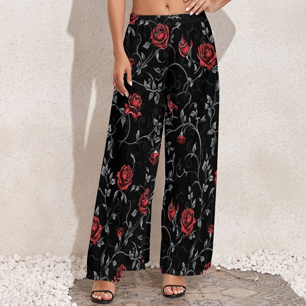 Gothic Red Rose Wide Leg Pants