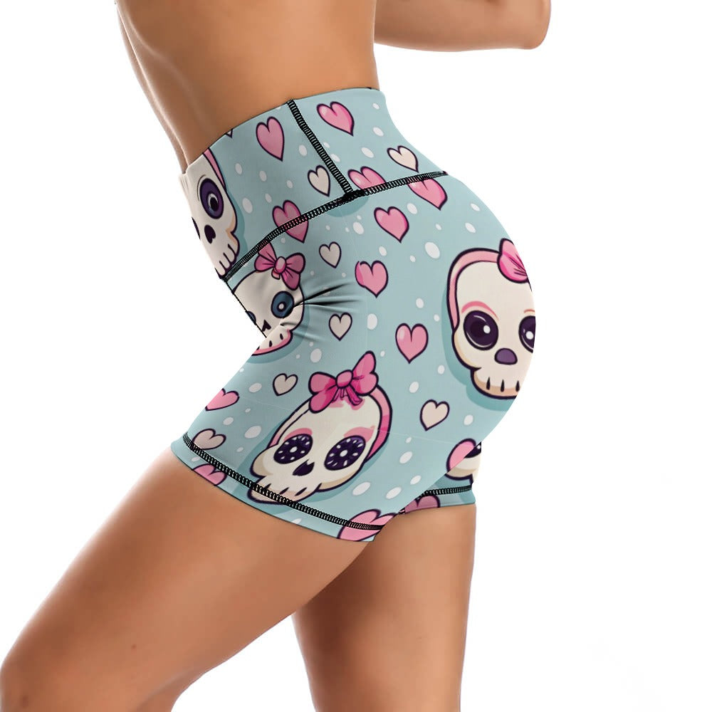 Cute Skulls With Bows Skinny Yoga Shorts