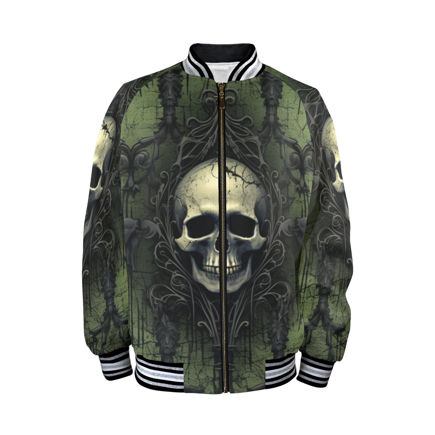 Gothic Green Skull Striped Trim Bomber Jacket