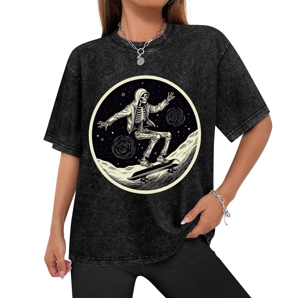 Skateboarding Space Skeleton Wash Off Short Sleeved T-shirt