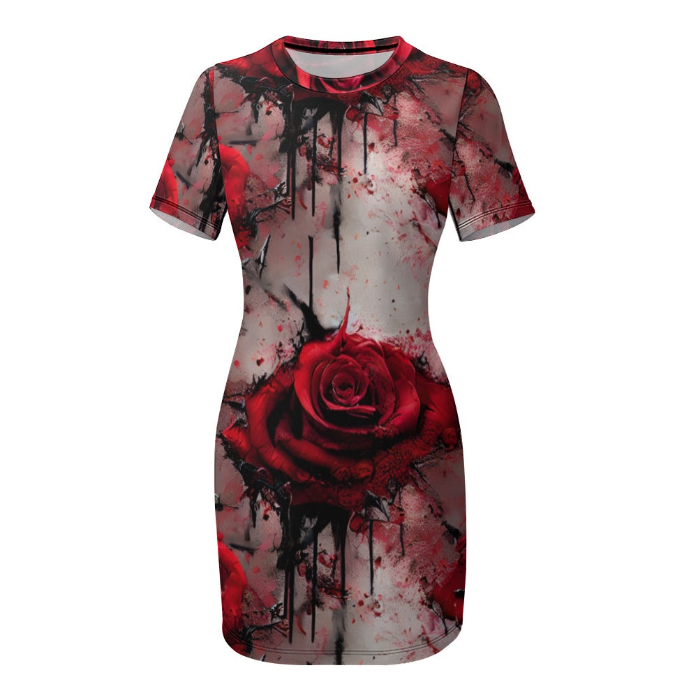Bloody Gothic Rose Crew Neck Short Sleeve Dress
