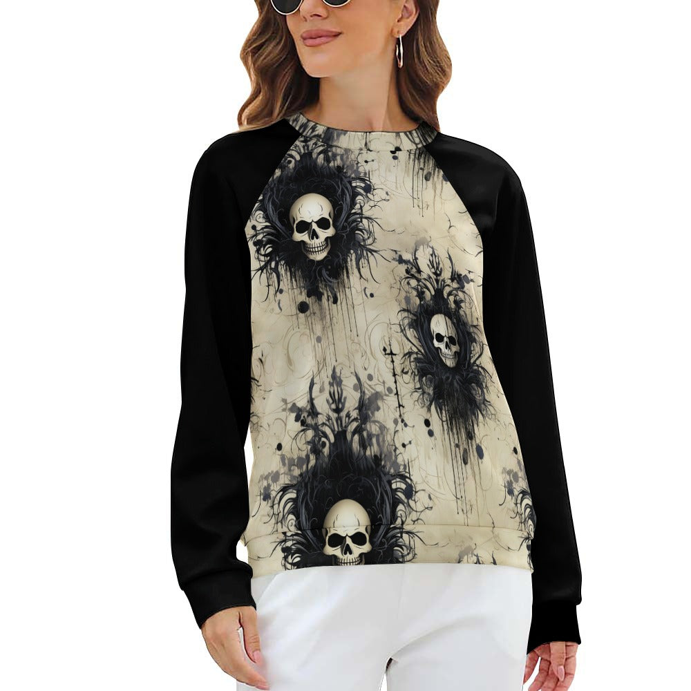 Gothic Skull Design Raglan Round Neck Sweater