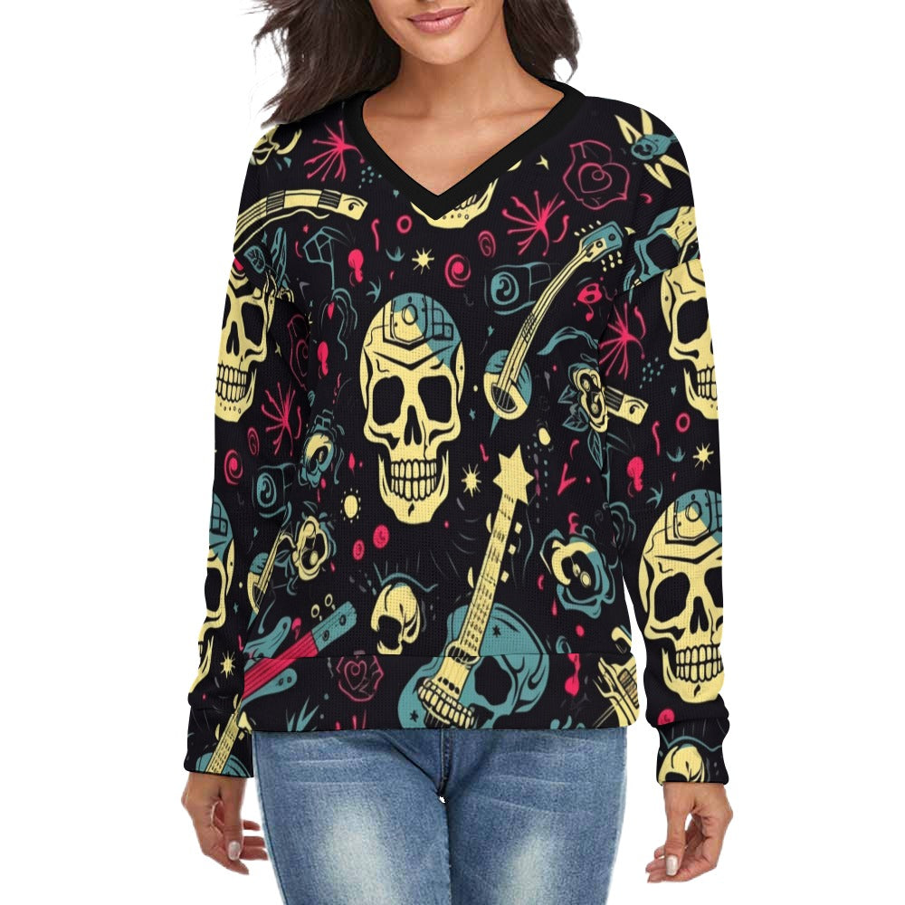 Punk Rock Skulls V-Neck Long Sleeve Sweater