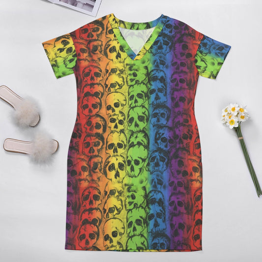 Rainbow Skulls Loose Dress With Pockets