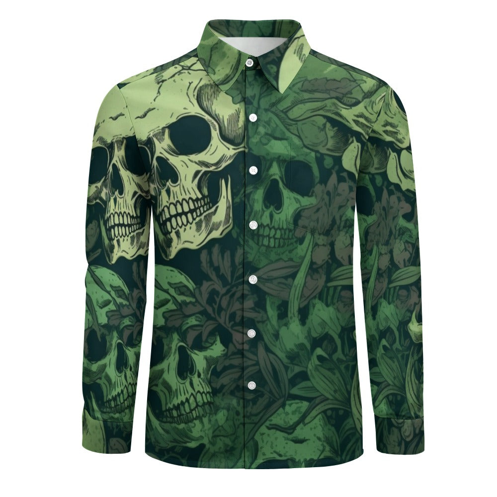 Green Skulls Casual One Pocket Long Sleeve Shirt