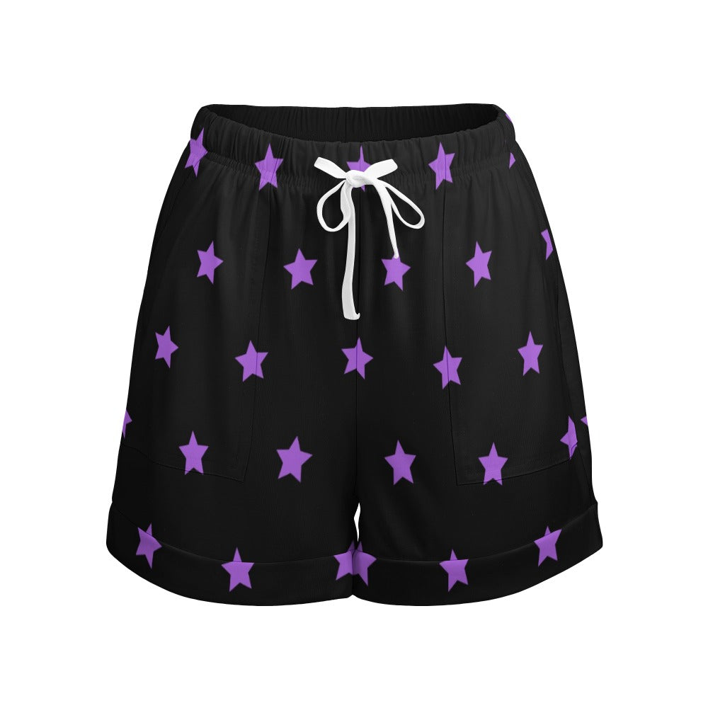 Purple Stars High Waist Loose Elastic Waist Shorts