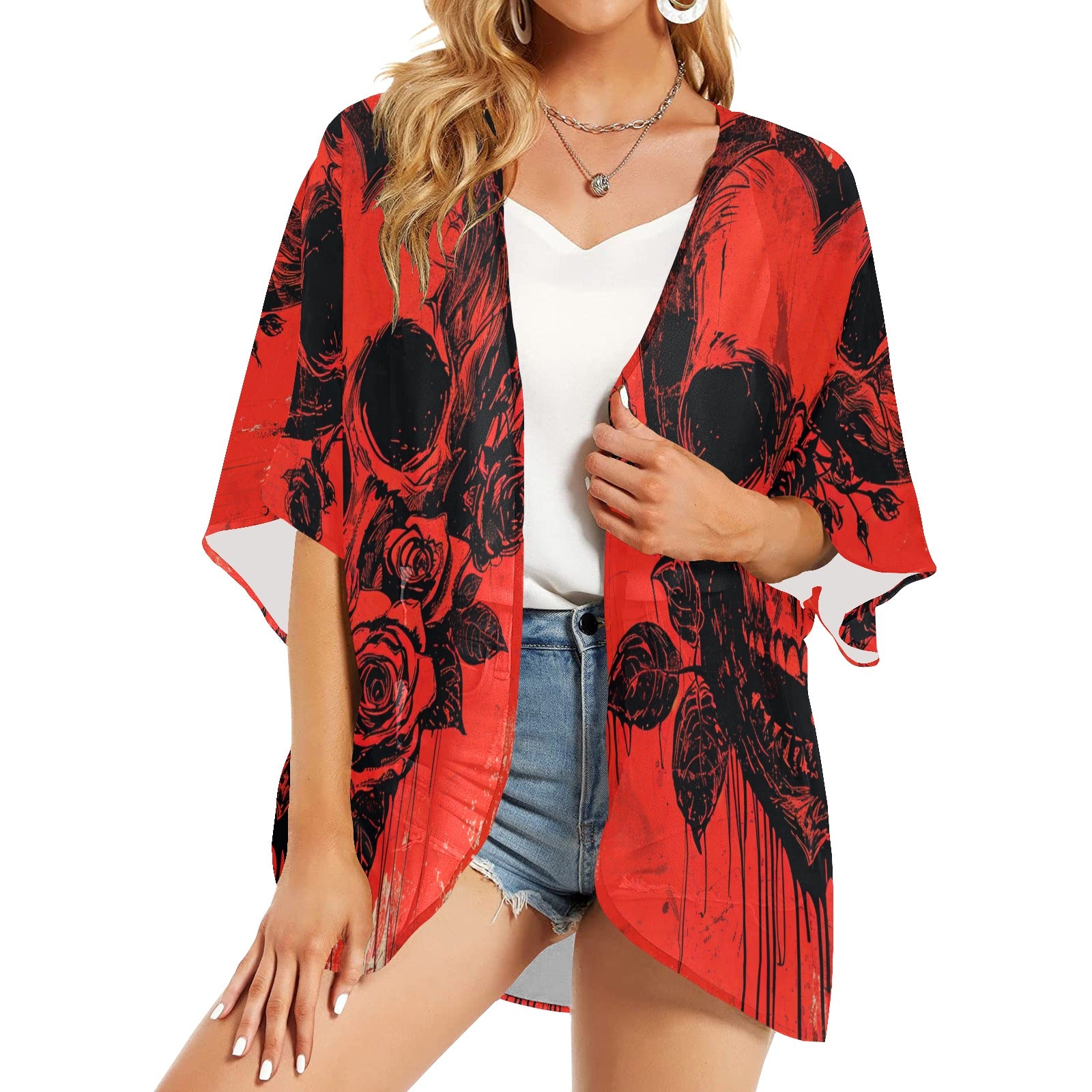 Skull And Rose Kimono Chiffon Cover Up